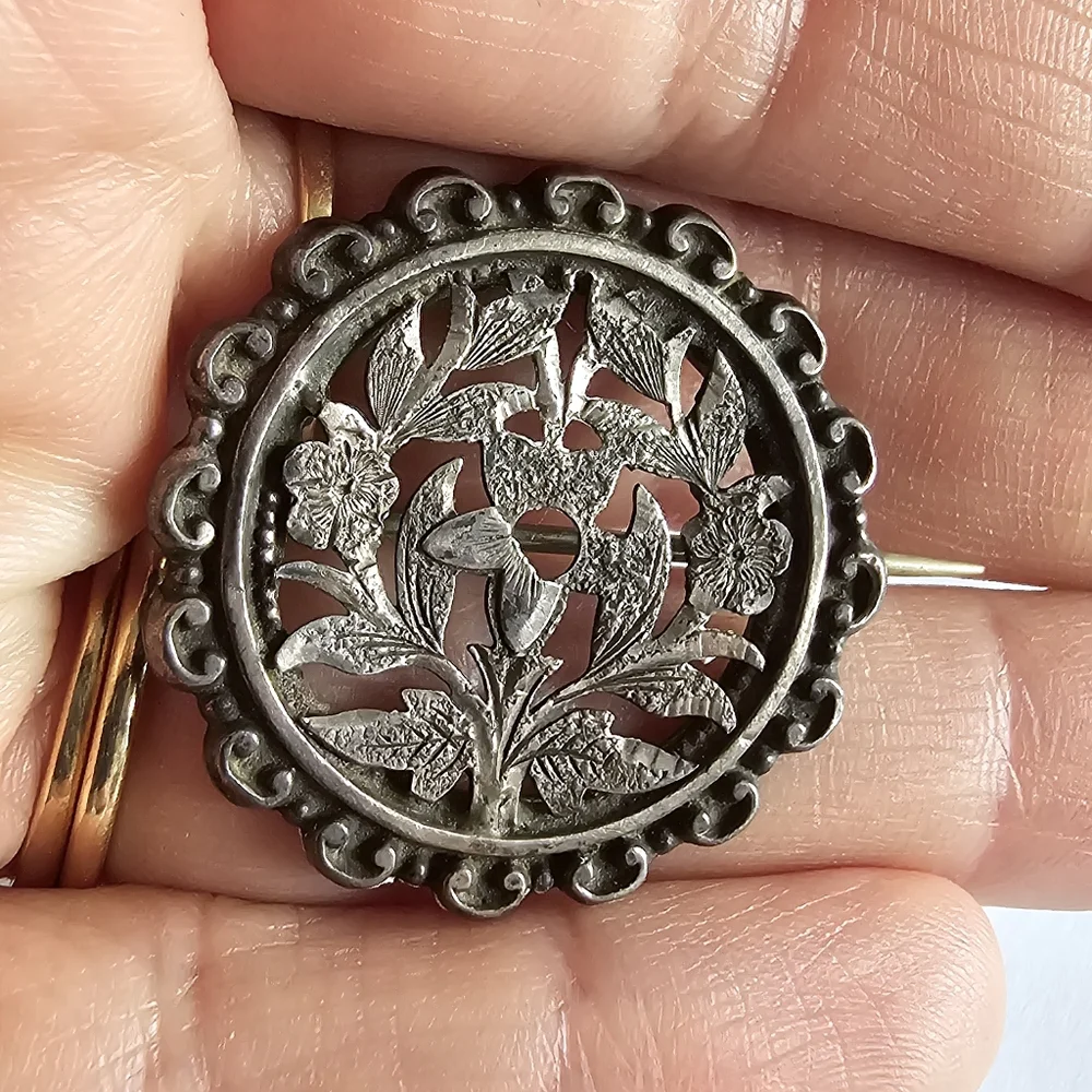 Antique floral brooch Victorian flowers silver tone cutout vintage old pin